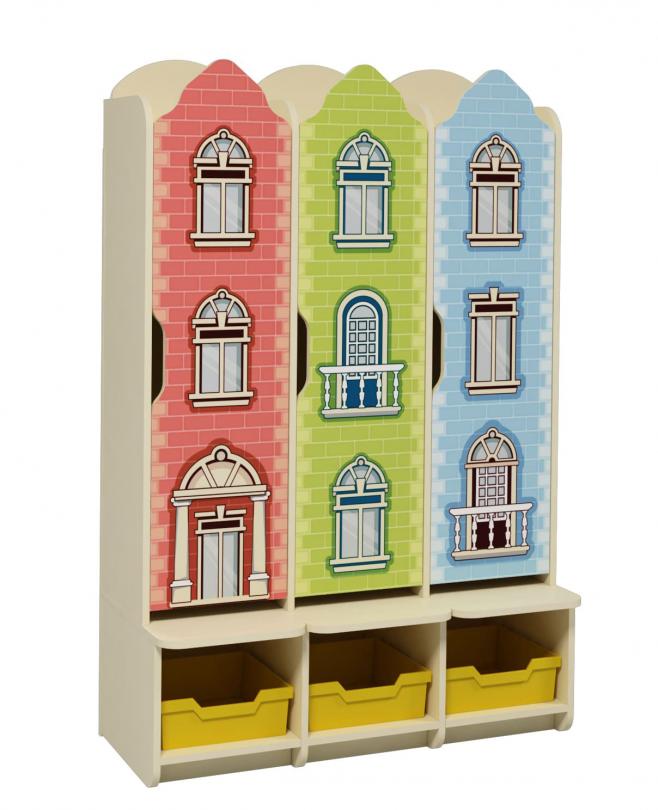 Шафа дитяча 3-місна, для роздягальні, з фотодруком "Старе місто",з фігурними дверима, полицею,гачками та лотками,(ТОВ ‘’АЛМАНТ’’), 1038х500хх1600 мм.